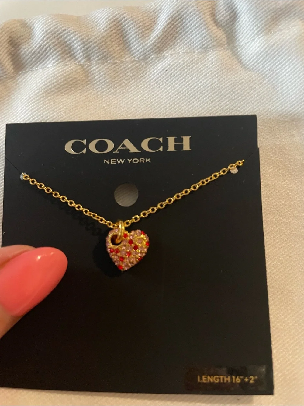 COACH Gold Heart Pendant Necklace with Pink and Red Crystals